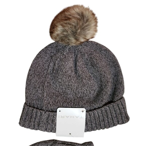 Tahari Sweater Hat Set Girls L Gray Cotton Blend Knit Red Heart Faux Fur Pom - Picture 6 of 8